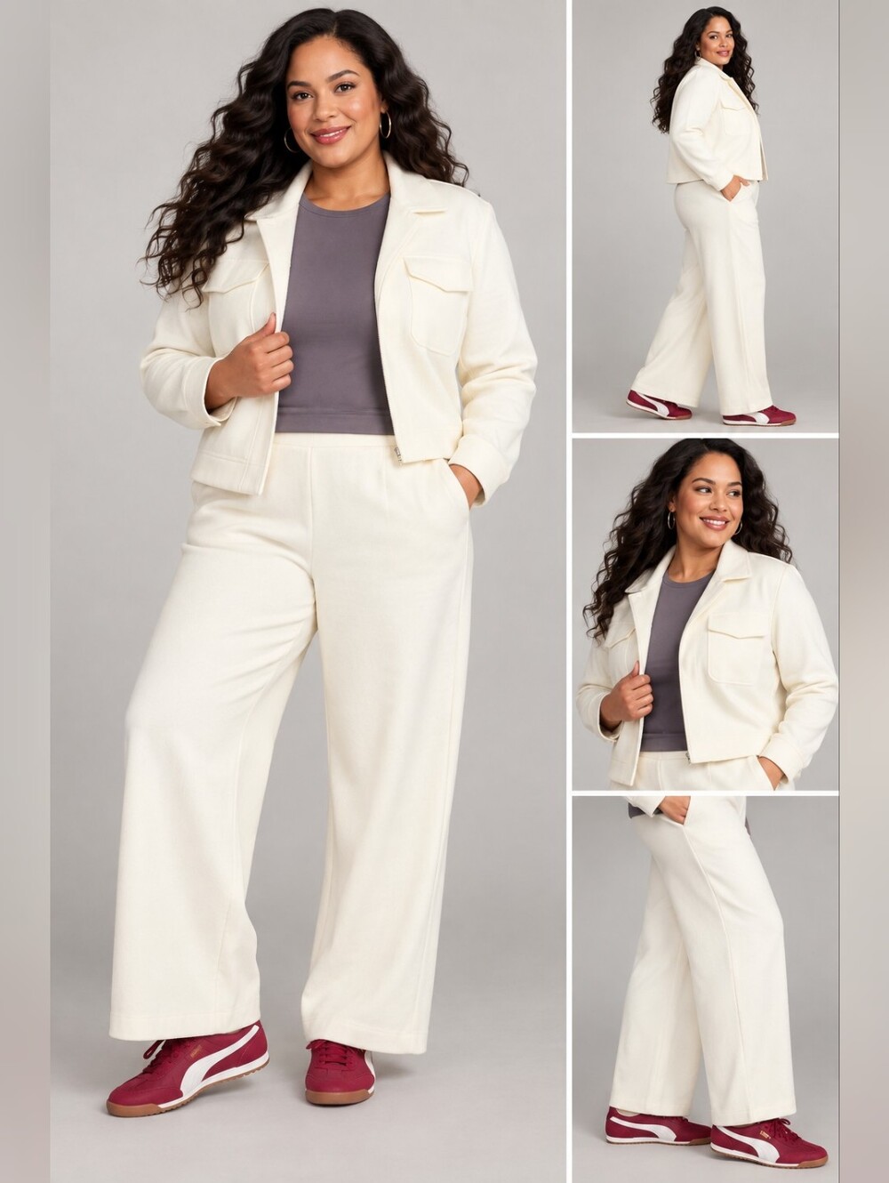 Mondetta Cream Wide-Leg plush Corduroy Pants with Cropped Jacket
